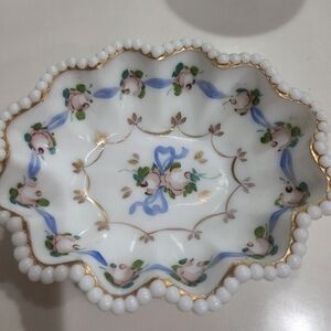 Vtg Art Noveau Milk Glass Ring Holder Hand Painted Blue/Pink/Green